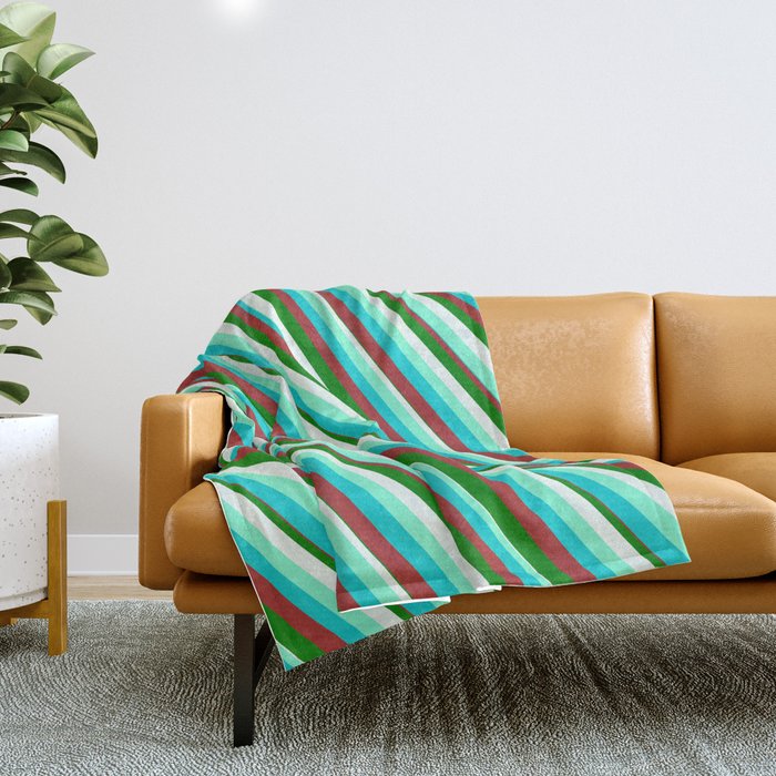 Eyecatching Aquamarine Dark Turquoise Brown Green and Mint Cream Colored Pattern of Stripes Throw Blanket