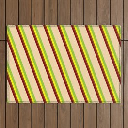 [ Thumbnail: Vibrant Maroon, Tan, Green, Yellow & Brown Colored Lined/Striped Pattern Outdoor Rug ]