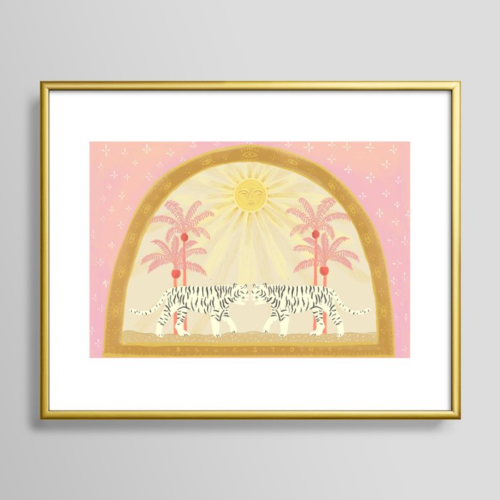 Pink Palm Tree Tigers Framed Art Print