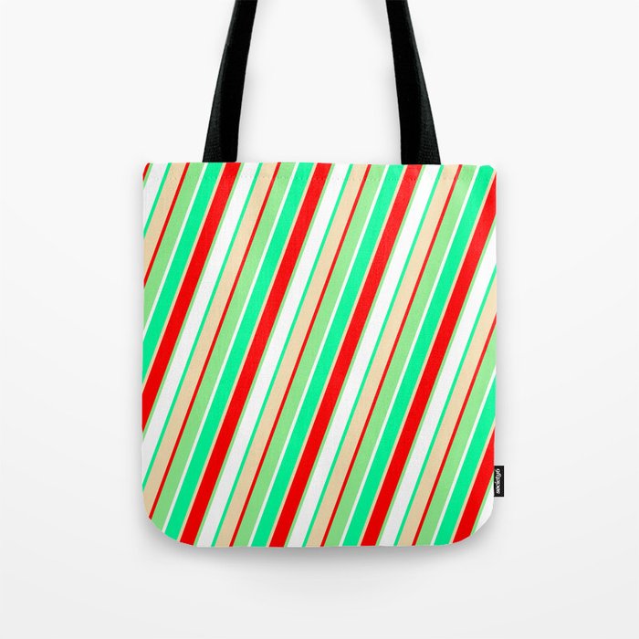 Eye-catching Green, Tan, Red, Light Green, and White Colored Pattern of Stripes Tote Bag
