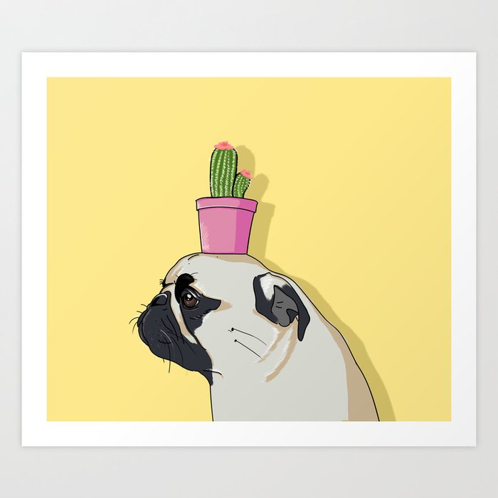 Pug Flower Pot Cactus Art Print