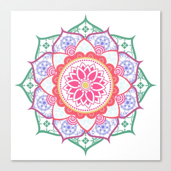 Decorative Coloured Flower Mandala Green Purple Blue Pink Canvas Print