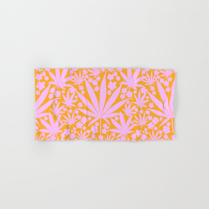 Pastel Pink Cannabis Leaves And Flowers Garden On Bright Orange Retro Modern Cottagecore Floral Hand & Bath Towel