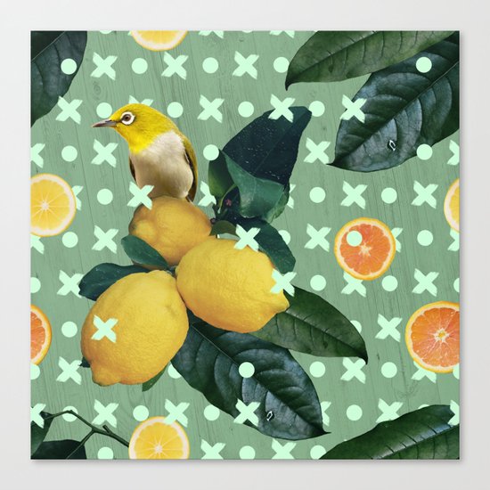 Bird & lemons green pattern Canvas Print