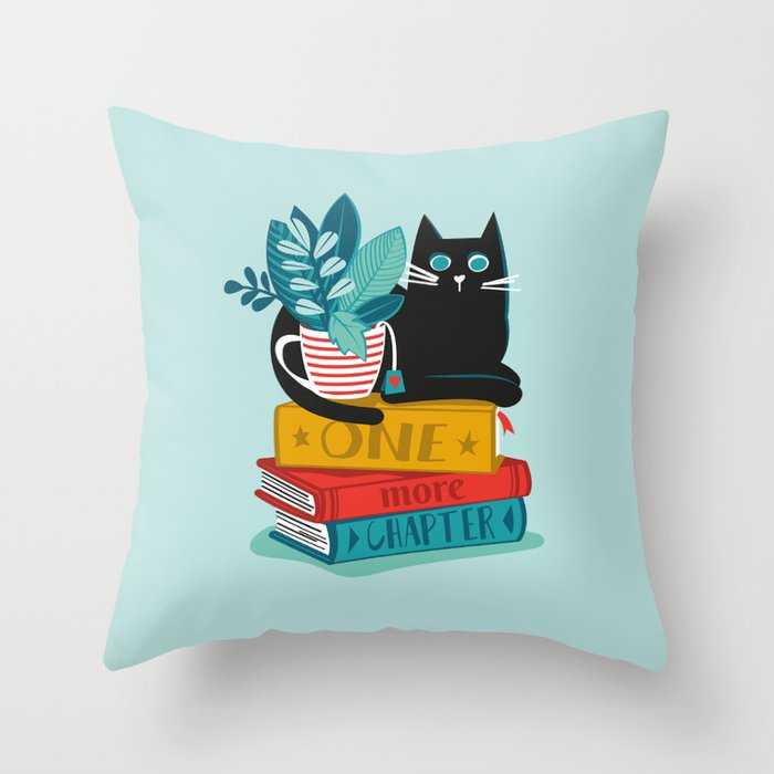 One more chapter // aqua background black cat striped mug with plants red teal and yellow books  Throw Pillow