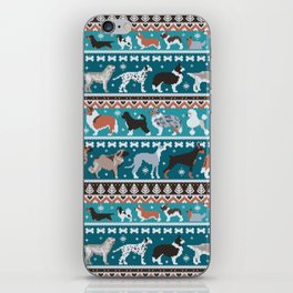 Fluffy and bright fair isle knitting doggie friends // teal background brown orange white and grey dog breeds  iPhone Skin