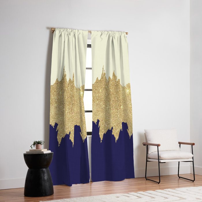 Navy Blue Ivory Faux Gold Glitter Brushstrokes Blackout Curtain By