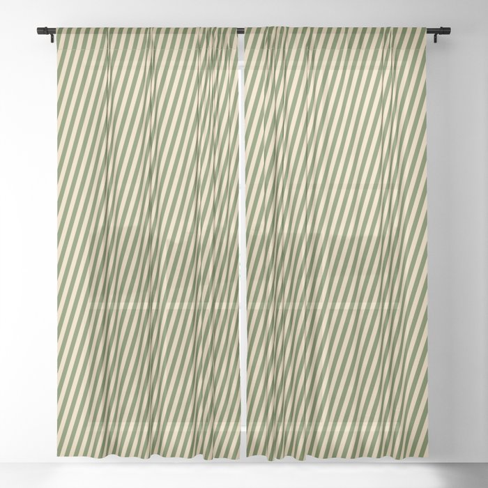 Tan & Dark Olive Green Colored Lines/Stripes Pattern Sheer Curtain