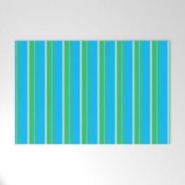 [ Thumbnail: Deep Sky Blue, Lime Green, and Powder Blue Colored Striped Pattern Welcome Mat ]
