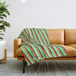 [ Thumbnail: Brown, Green, Beige, Forest Green & Crimson Colored Lined Pattern Throw Blanket ]