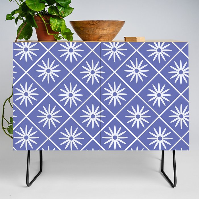 White Daisy Flower pattern on very peri argyle  Credenza