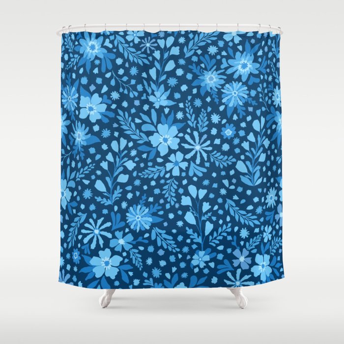 Blue Ditsy Floral Print Shower Curtain