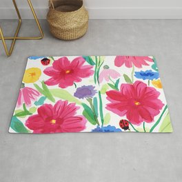 Whimsical Wildflowers, Watercolor Flowers, Pink Red and Yellow Flowers, Ladybug Art, Colorful Fun Rug