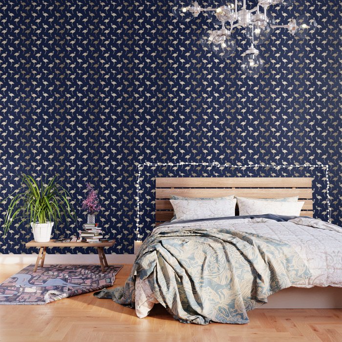 Gold Flamingo Pattern Navy Blue Wallpaper By Followmeinstead