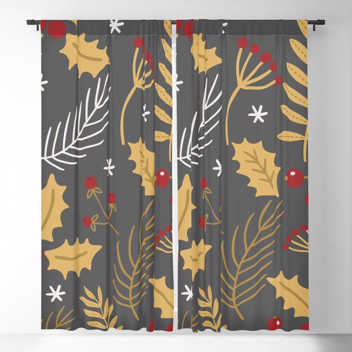 Holly And Winter Berries Grey Blackout Curtain