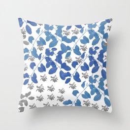 Blue Leaves pattern,  blue, white, grey, leaves. Throw Pillow