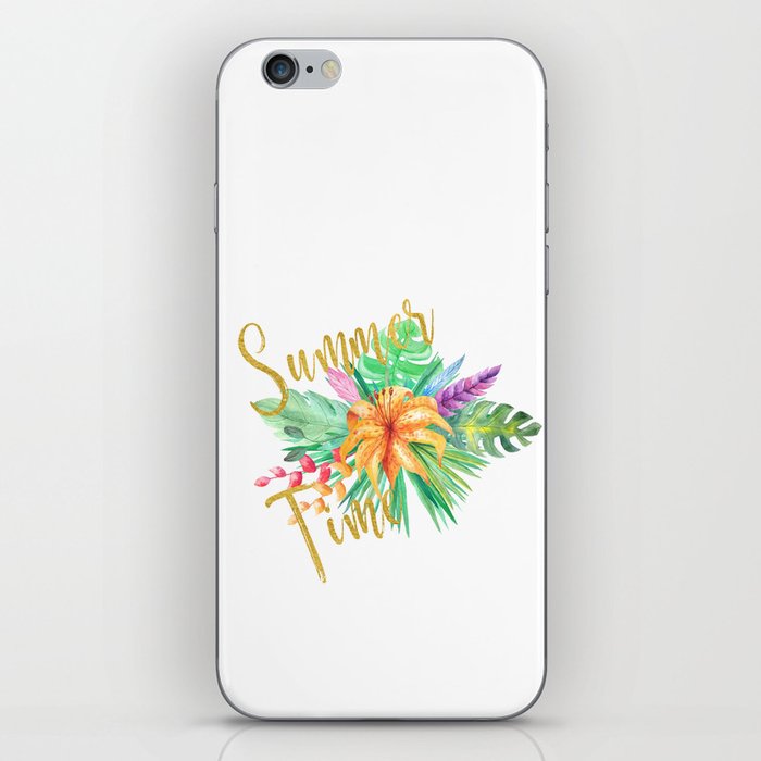 Tropical leaves and flowers summer time gold brush script iPhone Skin