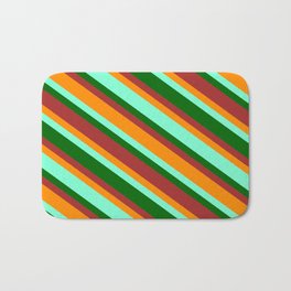 [ Thumbnail: Aquamarine, Dark Green, Brown & Dark Orange Colored Pattern of Stripes Bath Mat ]