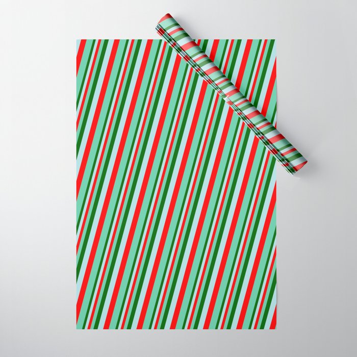 Dark Green, Powder Blue, Red & Aquamarine Colored Pattern of Stripes Wrapping Paper