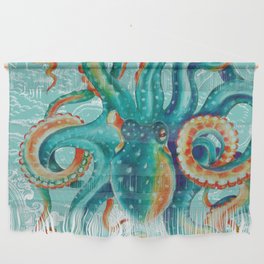Teal Octopus On Light Teal Vintage Map Wall Hanging
