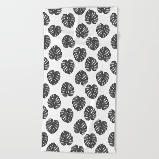 Monstera house plant leaf black and white painting hipster indoor house plant tropical garden Beach Towel