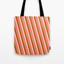 [ Thumbnail: Forest Green, Red, Beige, and Salmon Colored Lined/Striped Pattern Tote Bag ]