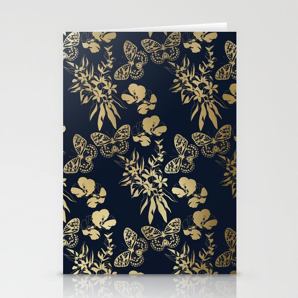 Exotic Floral and Butterfly Art Navy and Gold Stationery Cards