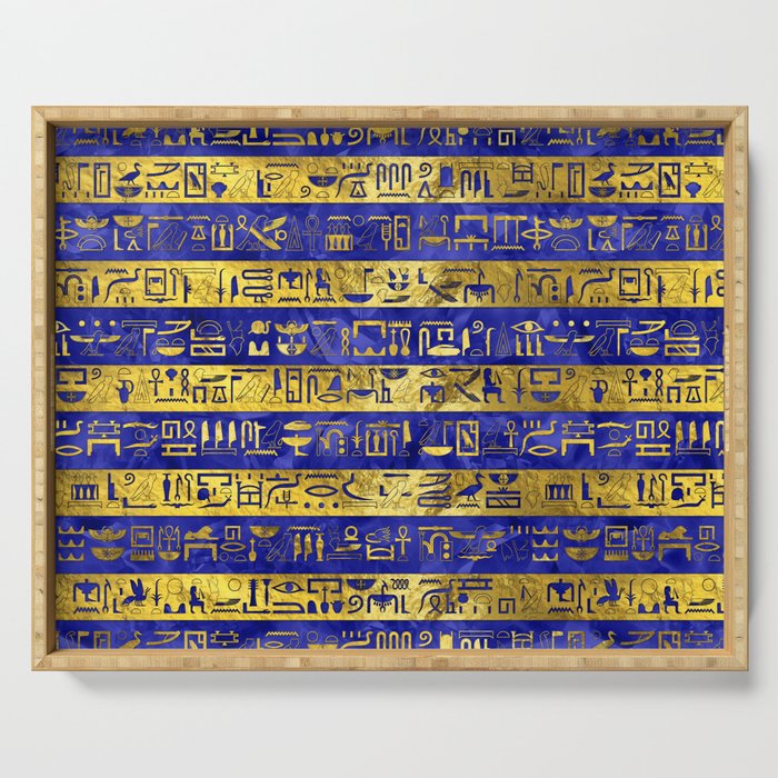 Golden Egyptian  hieroglyphs pattern on  blue Serving Tray