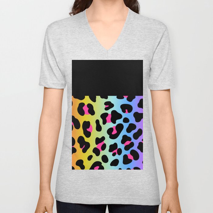 Black & Holo Rainbow Leopard V Neck T Shirt