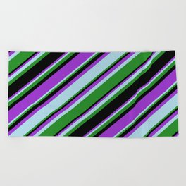 [ Thumbnail: Dark Orchid, Light Blue, Forest Green, and Black Colored Stripes/Lines Pattern Beach Towel ]