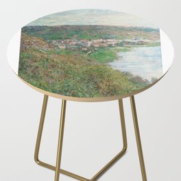 French Impressionist Landscape Painting of Cliffs and Town by Claude Monet Side Table