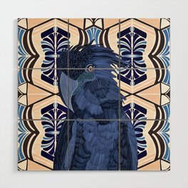 Red-tailed Black-Cockatoo on a modern blue pattern background Wood Wall Art