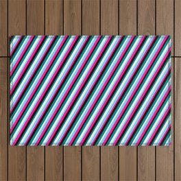 [ Thumbnail: Colorful Teal, Mint Cream, Light Sky Blue, Deep Pink & Black Colored Striped/Lined Pattern Outdoor Rug ]