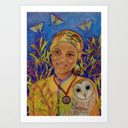 A Heart's Journey, The Fable Continues Art Print | Floral, Owl, Giftforher, Beautiful, Colored Pencil, Woman, Color, Animal, Giftforsister, Pretty 