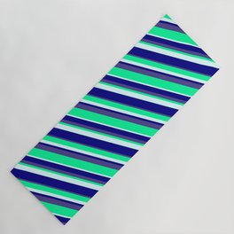 [ Thumbnail: Green, Light Cyan, Blue & Dark Slate Blue Colored Lines/Stripes Pattern Yoga Mat ]