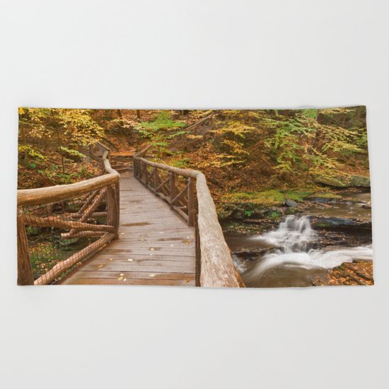 Autumn Boardwalk Bridge Beach Towel