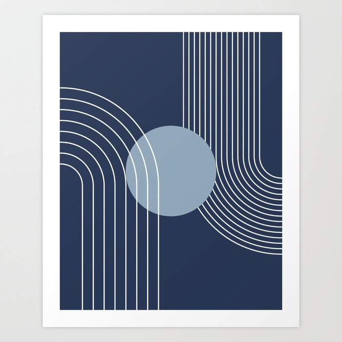 Geometric Lines in night Blue 10 (Rainbow and Sun Abstract) Art Print