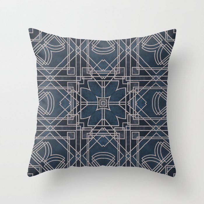 Art Deco Pattern Siler Blue Roaring Twenties Elegance Throw Pillow