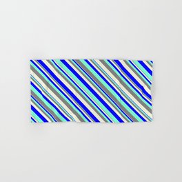 [ Thumbnail: Aquamarine, Grey, Beige & Blue Colored Pattern of Stripes Hand & Bath Towel ]