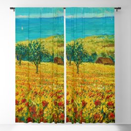 Rolling Hills of Red Poppies, Tuscany, Italy Landscape Painting Blackout Curtain