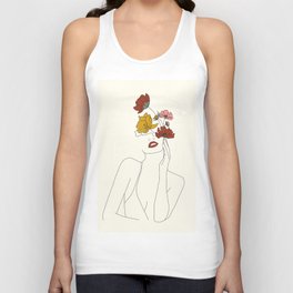 Colorful Thoughts Minimal Line Art Woman with Flowers Unisex Tank Top