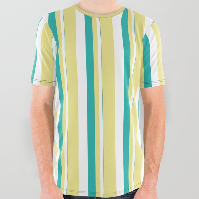 Light Sea Green, White, and Tan Colored Stripes/Lines Pattern All Over Graphic Tee