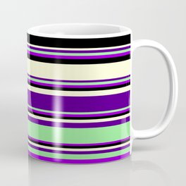 [ Thumbnail: Eyecatching Light Yellow, Indigo, Light Green, Dark Violet & Black Colored Stripes/Lines Pattern Coffee Mug ]