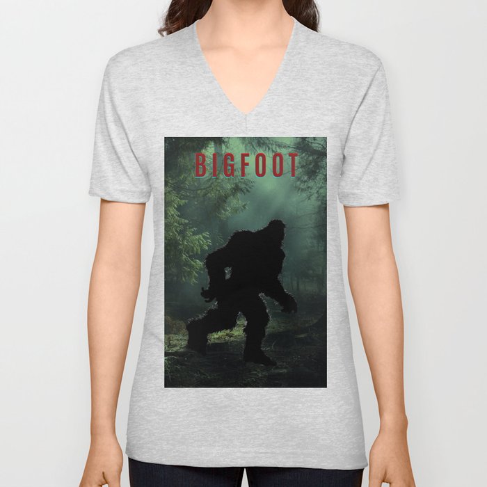 Bigfoot sasquatch walking through the dark forest mountain woods funny humorous art print poster / posters V Neck T Shirt