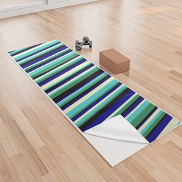 [ Thumbnail: Eyecatching Sea Green, Turquoise, Light Yellow, Dark Blue, and Black Colored Stripes/Lines Pattern Yoga Towel ]