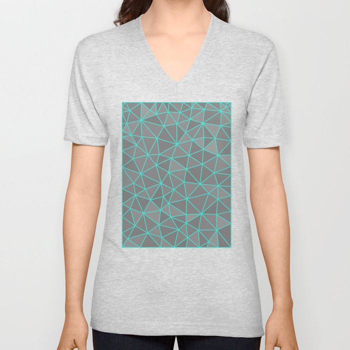 Gray Shades Abstract Geometric Turquoise Wireframe Pattern Design V Neck T Shirt