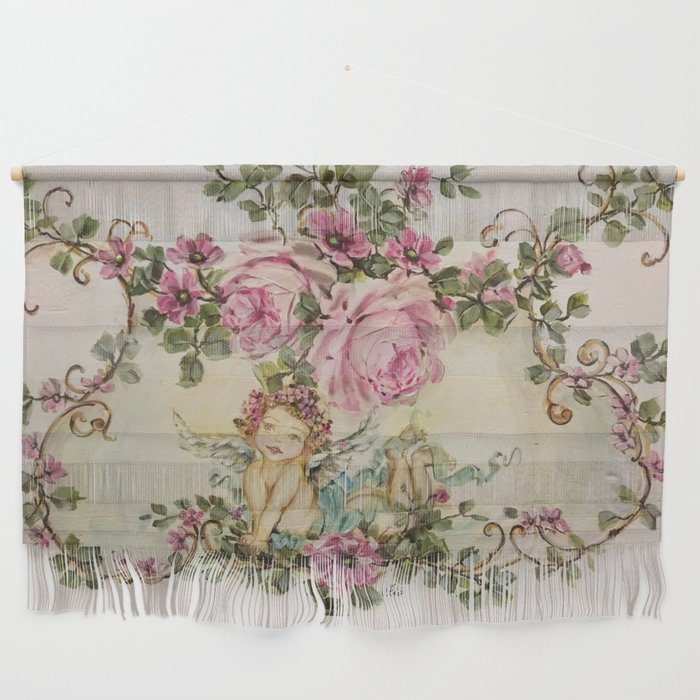 Sweet Cherub and Pink Roses Painting Wall Hanging