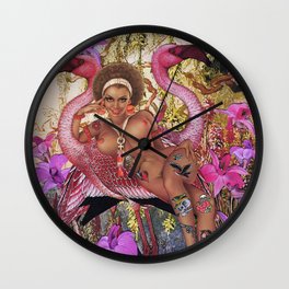 Divine Diva  Wall Clock | Beauty, Vintage, Curated, Collage, Flamingos, Lady, Tropical, Palmtrees, Goddess, Romance 