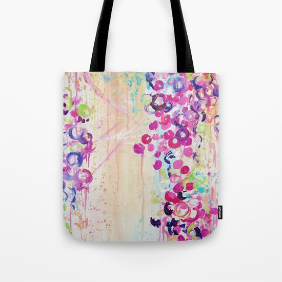 DANCE OF THE SAKURA - Lovely Floral Abstract Japanese Cherry Blossoms Painting, Feminine Peach Blue Tote Bag