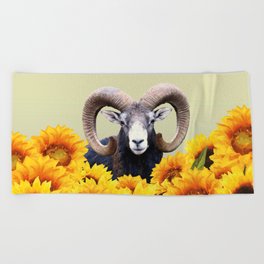 Aries Mouflon Sunflower Blossoms Beach Towel